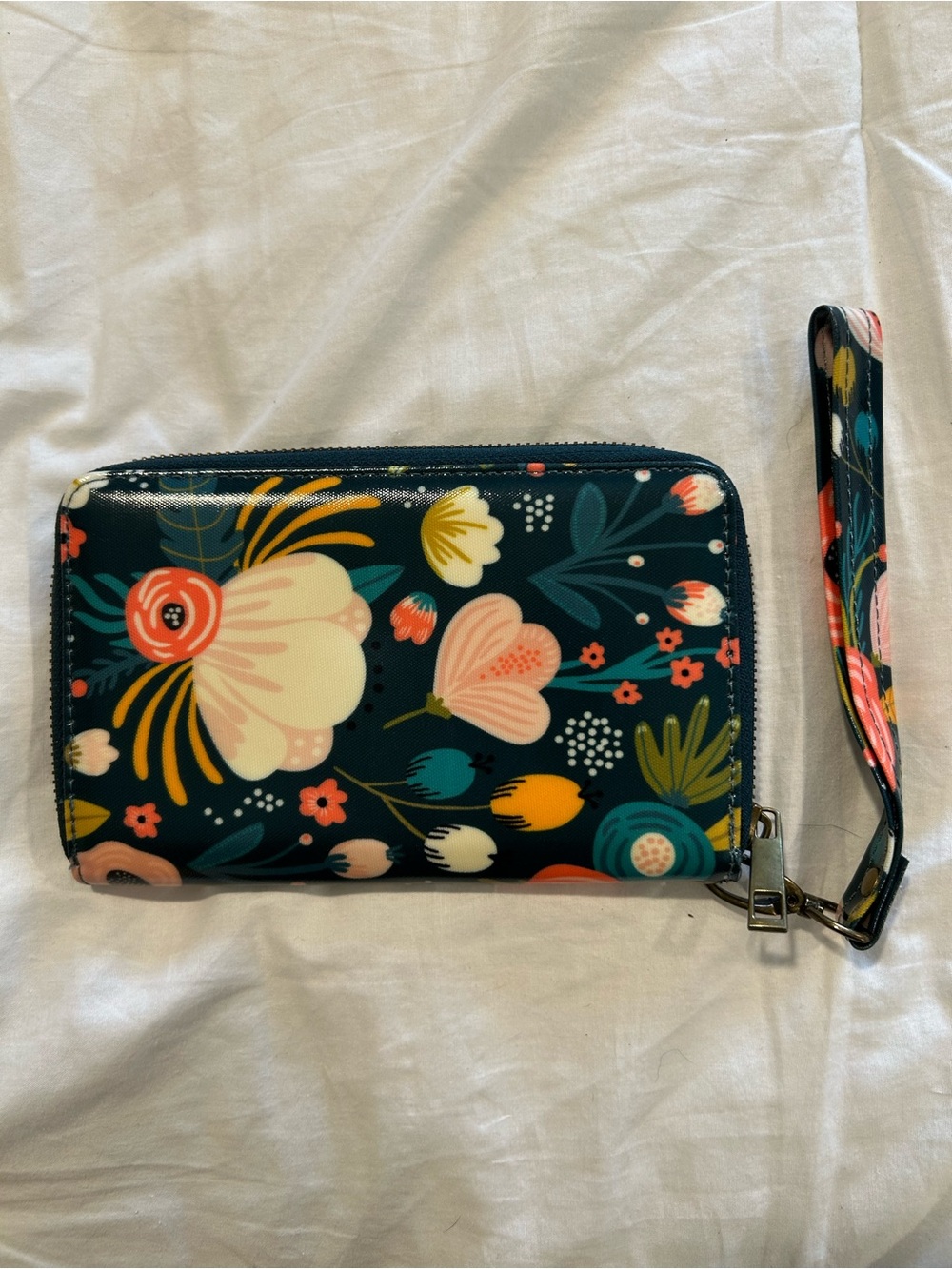 Wander Floral Zip Wristlet Wallet - Navy with Coral, Cream & Teal Accents